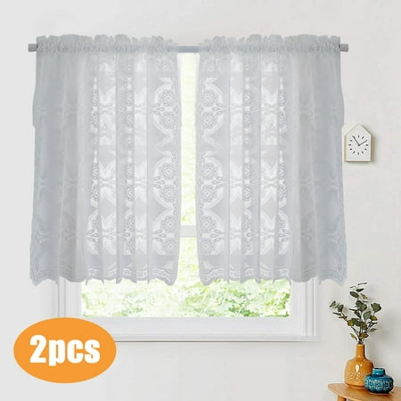 EEEKit Romantic 2 Pieces Kitchen Sheer Curtains Tier, Rod Pocket Floral Embroidered Window Voile, 24 x 58/36 x 58 inch Lace Curtain for Home Decoration, White, Machine Washable