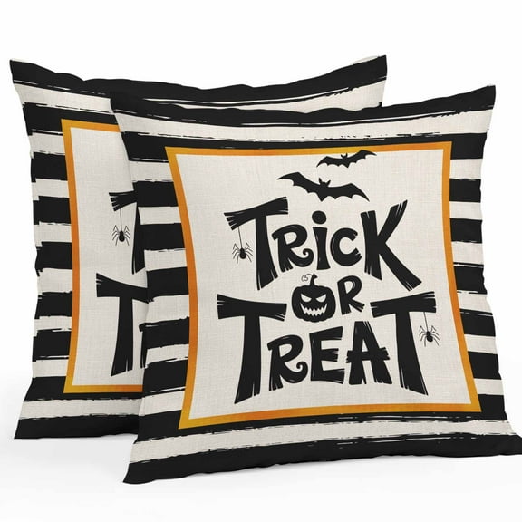 Outdoor Waterproof Pillow Covers Halloween Pumpkins Bat Black Striped Decorative Throw Pillow Protectors,Trick Or Treat Pillowcase Cushion Cases for Patio Sofa Garden Couch,16x16in,Pack of 2