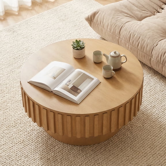 ELLEGNT Wooden Drum Coffee Table with Hidden Storage – Round Natural Coffee Table for Living Room