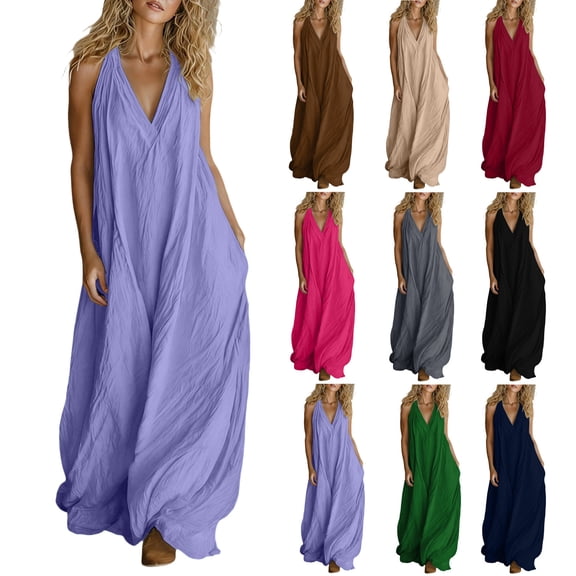 Taqqpue Women Halter Maxi Dress Sleeveless V Neck Plus Size Sundress Loose Fit Flowy Swing Solid Color Beach Long Dress for Women