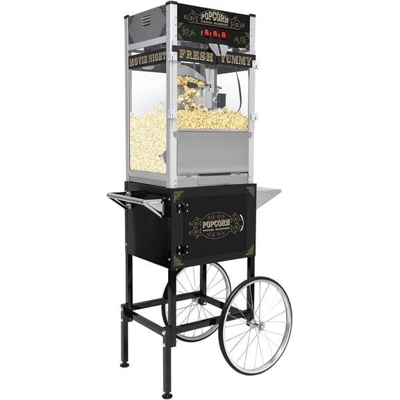 20 oz Commercial Popcorn Machine Cart - Sleek Black Popcorn Maker with Storage Stand and Wheels for Home Theaters, Parties and Concession Stands