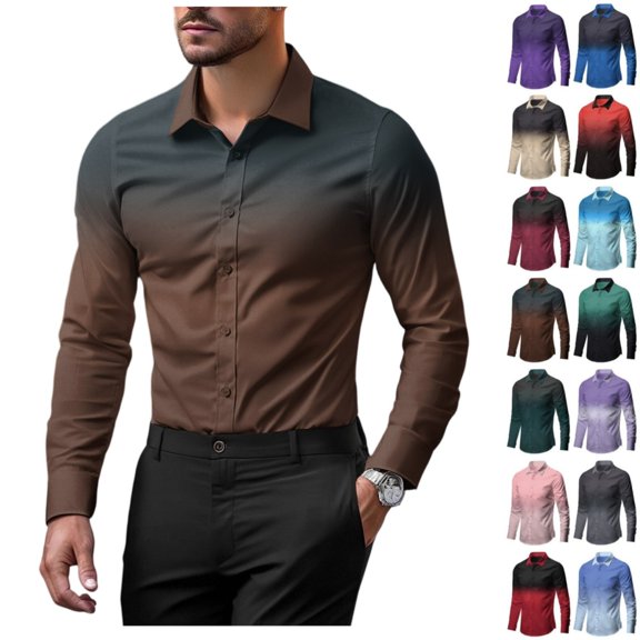 Men's Gradient Color Shirts Button Up Dress Shirt Long Sleeve Casual Fashion Business Formal Wedding Shirts