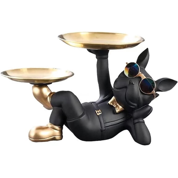 BAOJULONG Cool Resin Dog Statue with 2 Trays and Cute Glasses Black French Bulldog Figurine Ornaments Animal Sculptures Home Decor Anniversary Thanksgiving Christmas Birthday Gifts Black Lying Bulldog
