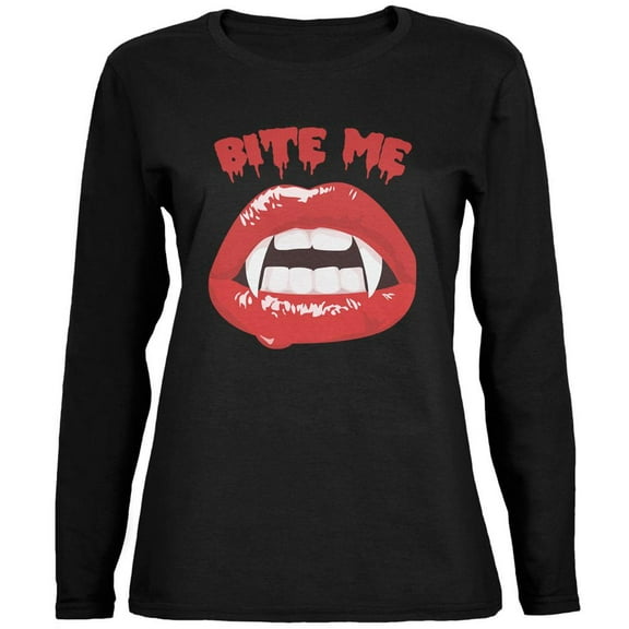 Halloween Vampire Bite Me Black Womens Long Sleeve T-Shirt - Large