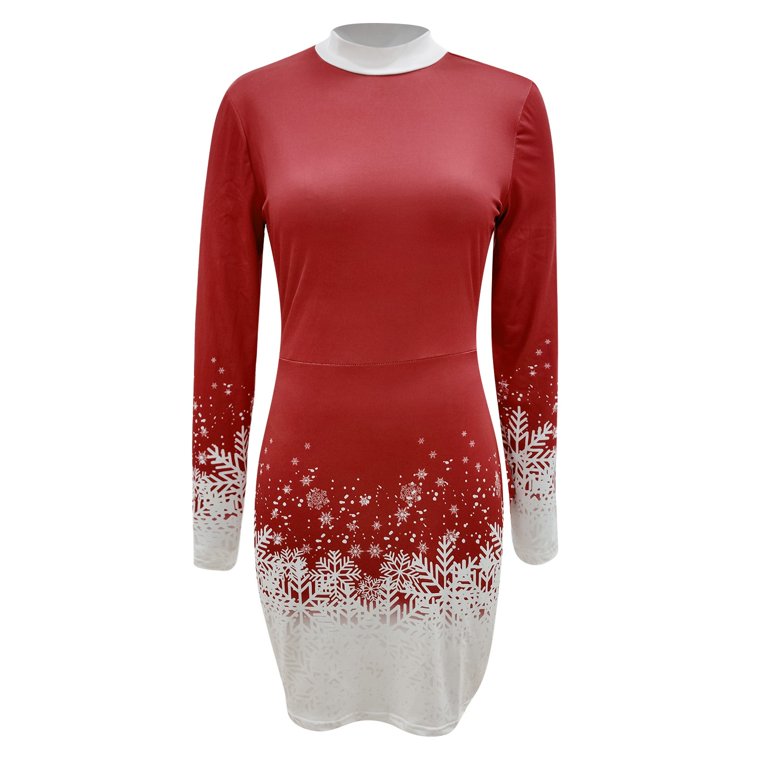 high neck christmas party dress Women Long-sleeved Round Neck Christmas Printed Snowflake Christmas Party  Dress Casual Fashionable for Christmas