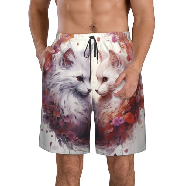 Balery White Red Cat Couple Traje de Baño Estilo Hawaiano para Hombre, Shorts de Secado Rápido con Bolsillos-Small