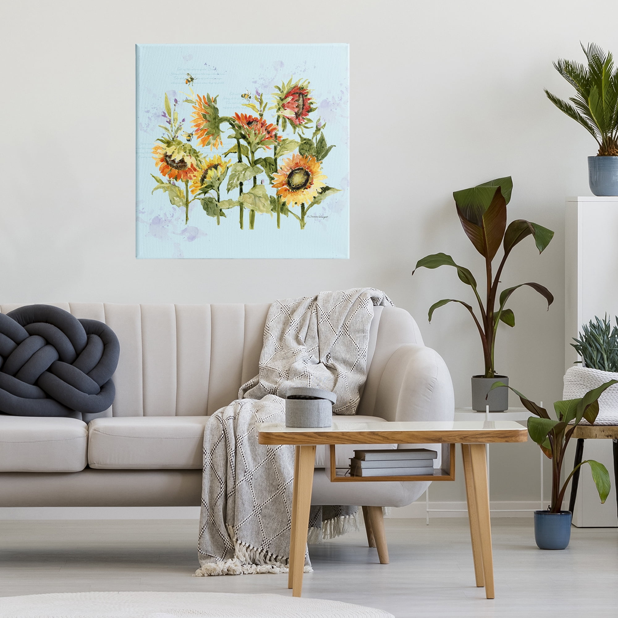 Stupell Industries Sunflowers & Bee on Blue Canvas Wall Art, design by Susan Winget