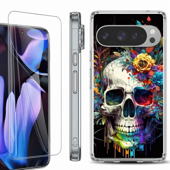 For Google Pixel 9 Pro XL Phone Case Cover, Shockproof Bumper Case with Tempered Glass Screen Protector, by OneToughShield - Skull Flower