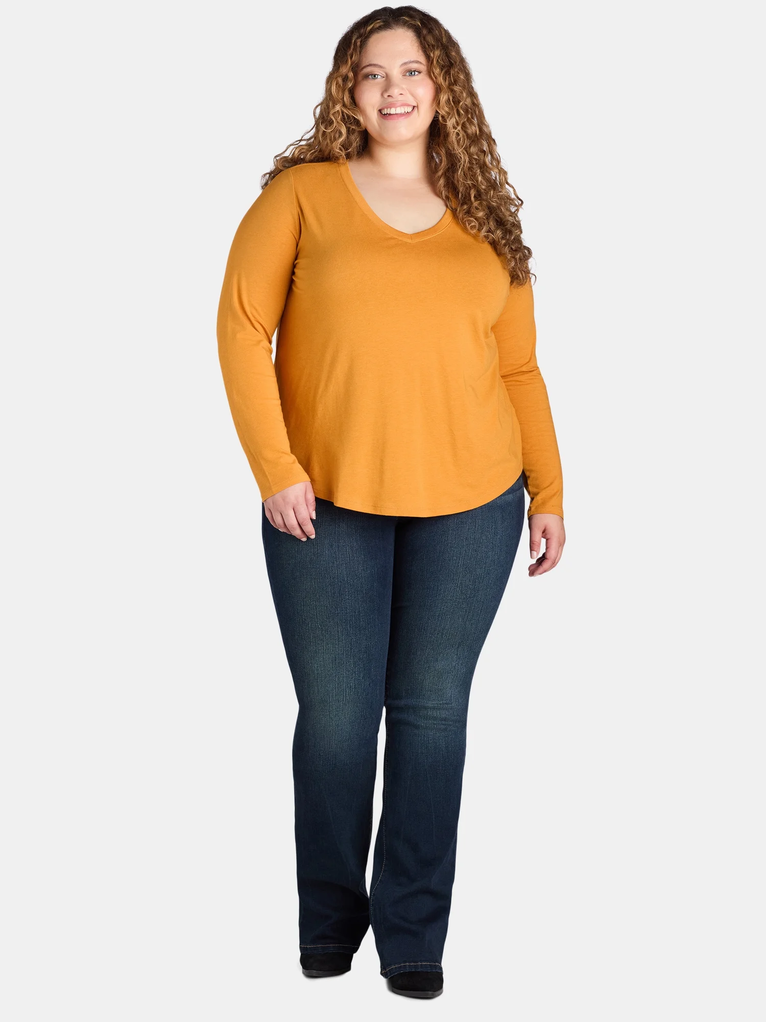 Terra & Sky Women’s Plus V Neck Tee with Long Sleeves, Available in 1 and 3-Packs, Sizes 0X-5X