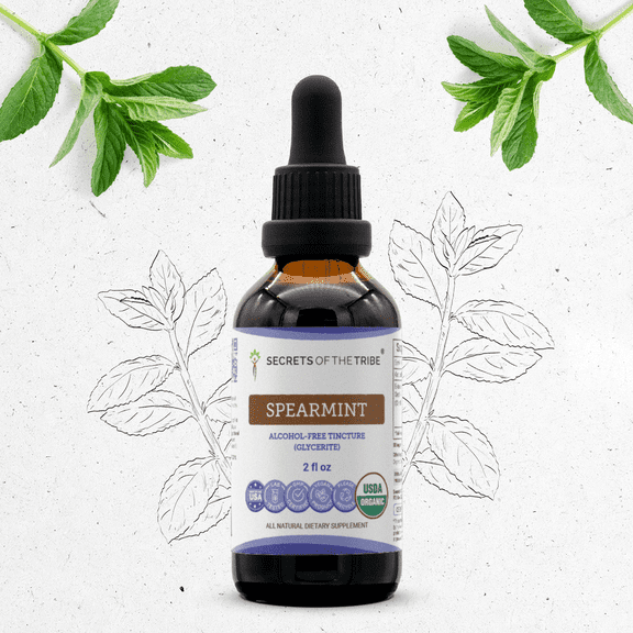 Secrets Of The Tribe Spearmint Organic Tincture Dietary Supplement, Natural Herbal Extract for Digestive Support, Certified Organic Spearmint (Mentha spicata) Dried Leaf, Alcohol-Free Extract, 2 oz