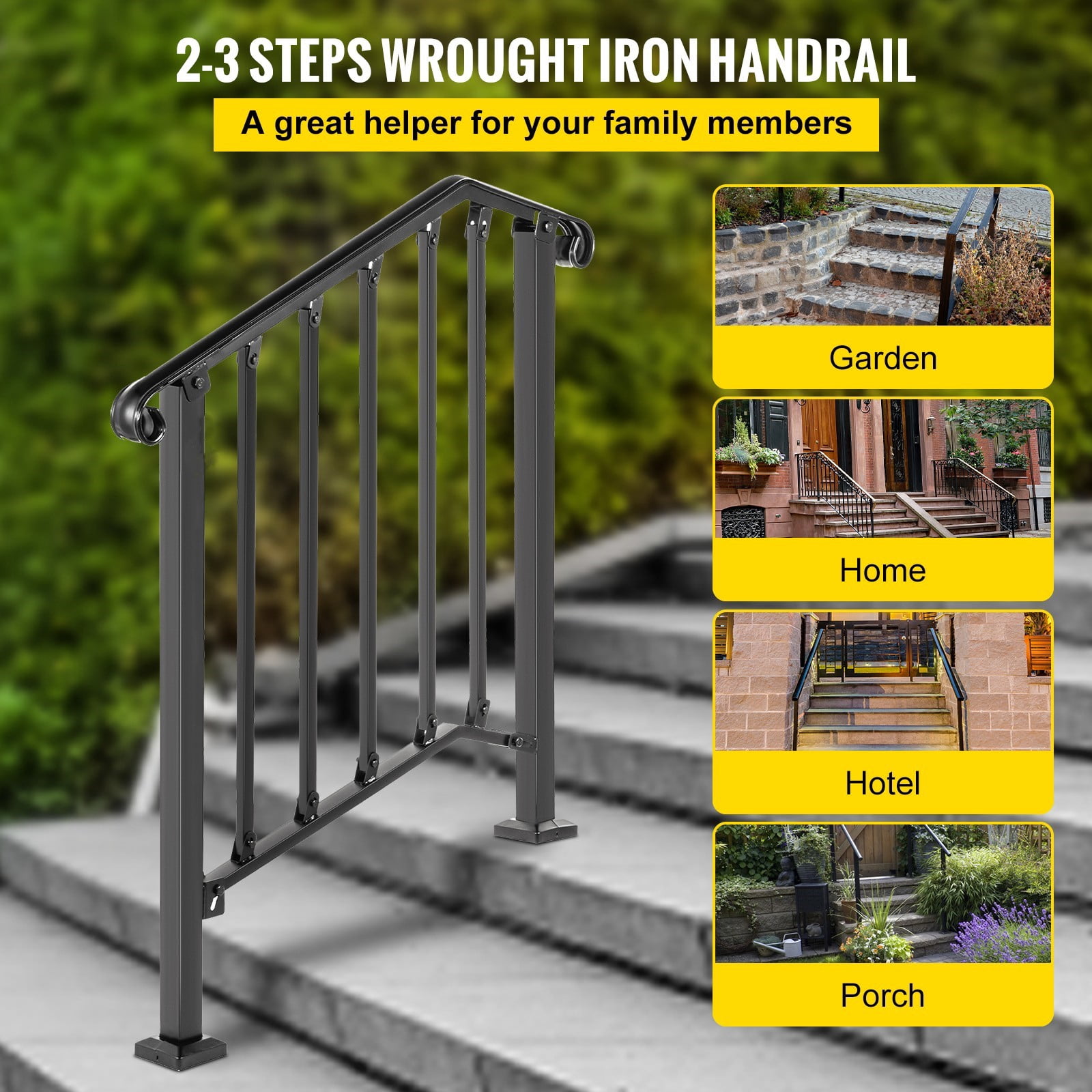 BENTISM Iron Handrail Picket Fits 2 or 3 Steps Stair Railing for Outdoor Garden