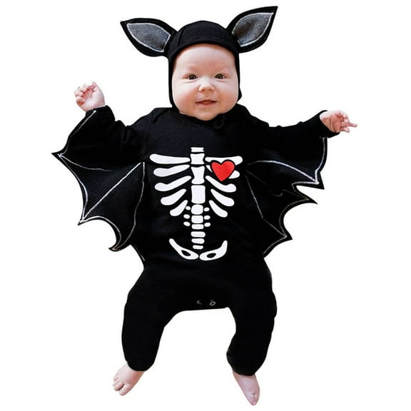 WERYOUNG Girls Boys Onesie Fashion Skeleton Printed Long Sleeve Round Neck Halloween Jumpsuit With Hat Trendy Outdoor One-Pieces,Black,18-24 Months