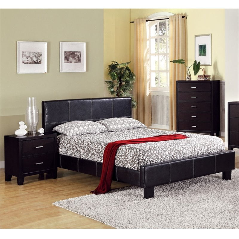 FOA Sentrium 2pc Espresso Faux Leather Bedroom Set Full + Nightstand
