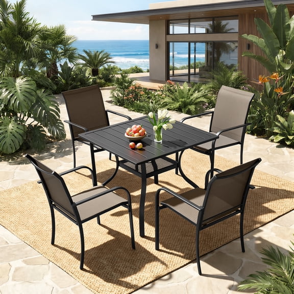 SOLAURA 5-Piece Outdoor Patio Dining Set, Patio Furniture Set with Textilene Dining Chairs and Metal Square Dining Table for 4 People, Khaki