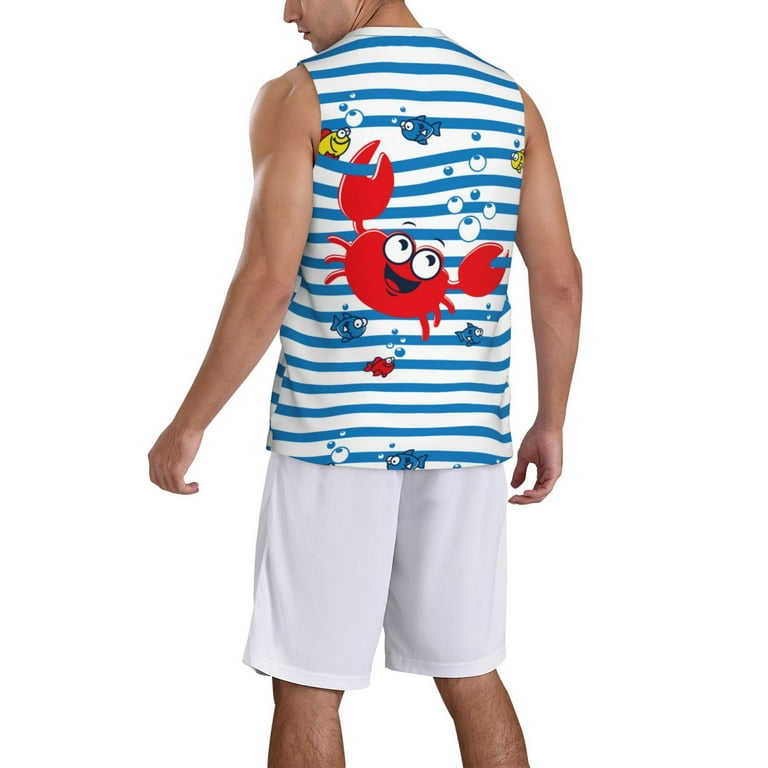 Naloa Red Funny Crab on Blue Stripe Basketball Jersey Reversible