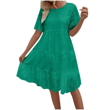Miluxas Women s Lace Eyelet Short Sleeve Tiered Midi Long Dress Clearance Ruffle Hem Babydoll Short Dress Green 8(L)