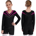 thumbnail image 2 of Aislor Kids Girls Shiny Beads Long Sleeve V Neck Gymnastic Leotard Dance Yoga Bodysuit with Shorts A Hot Pink 10, 2 of 7