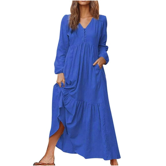 BangWanChi Womens Fall Dresses 2024 Fashion Women's Dresses Casual Long Sleeve Color V Neck Long Dress