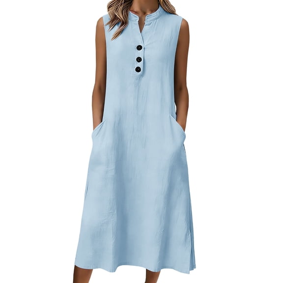 Dresses for Women, Linen Dresses for Women 2026 Summer Beach Sleeveless Flowy Loose Maxi Sundress Boat Neck Button Down Gauze Dress