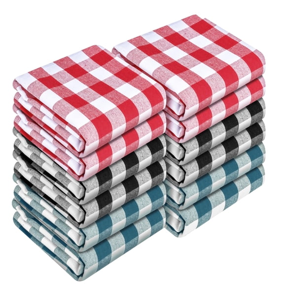 HEIRLOOM COMFORT Gingham Check Kitchen Towels 12 Pack, 18"x26", 100% Cotton, Super Absorbent & Quick Dry, Durable Dish Towel for Drying Dishes, Machine Washable, Everyday Use - Red, Black, Teal