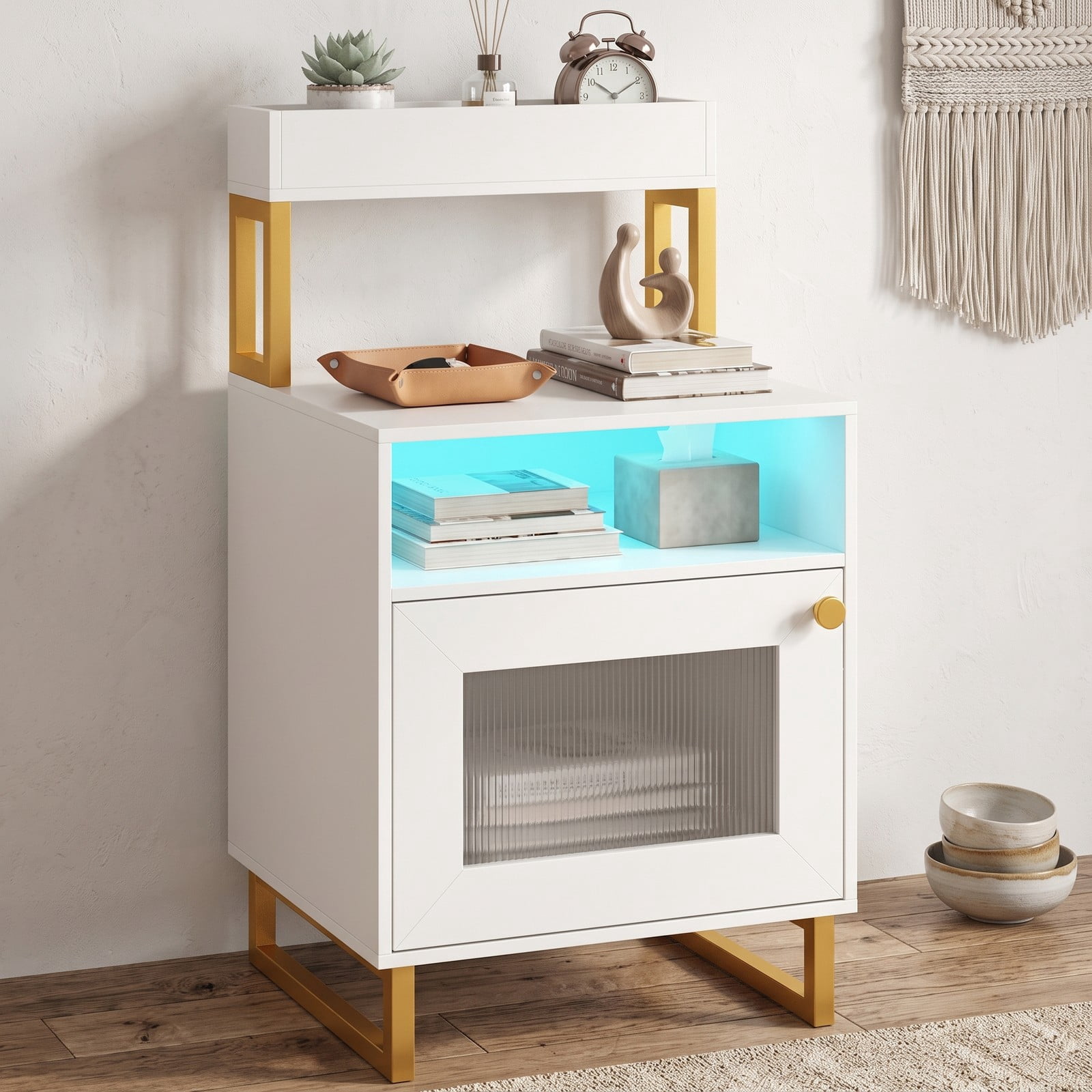 Furnibear Nightstand with LED Lights and Fluted Glass Cabinet Door plus Open Compartment and Raised Display Shelf for Bedroom and Living Room, White