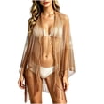 thumbnail image 3 of Hesxuno Mesh Summer Cardigans for Women Longline Beach Open Front Cover Up Fringe Boho Casual Kimono Cardigan Swimwear Bikini Coverup Khaki Free Size, 3 of 7