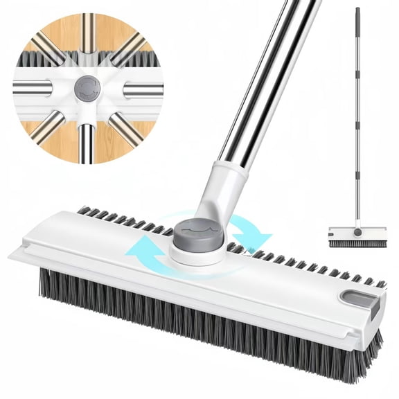 Jcaeh Floor Scrub Brush with Long Handle, 3-in-1 Heavy Duty Floor Brush, Adjustable Length ,Stiff Bristles and Squeegee for Bathroom, Tile & Patio