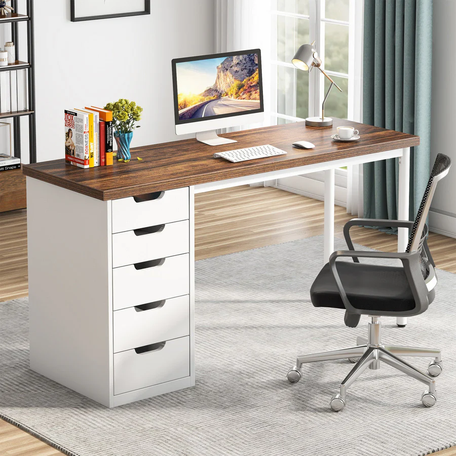 MAYEERTY 47 Inch Computer Desk with 5 White Drawers, 1.18" Thick Engineered Wood Home Office Desk with White Metal Legs