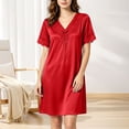 thumbnail image 3 of ZyeKqe Nightgown with Bulit in Bras for Women Lace V Neck Short Sleeve Tie Front Casual Comfy Loungewear Mini Dress, 3 of 7