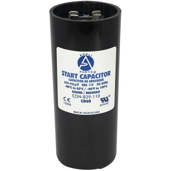 Appli Parts motor start capacitor 829-995 Mfd (microfarads) uF 110-125 VAC universal fit for electric motor applications 1-3/4 in Diameter 4-3/8 in Height CON-829-110