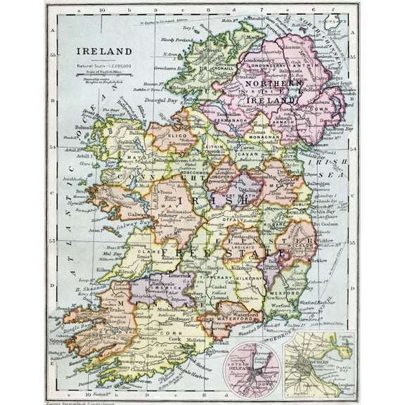 Irish Free State And Northern Ireland. From Bacon's Excelsior Atlas Of The World Published Circa 1930. Print