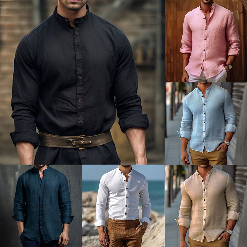 Fule Men Retro Collarless Casual Formal Informal Grandad Long Sleeve Cotton Shirt Top - image 4 of 7