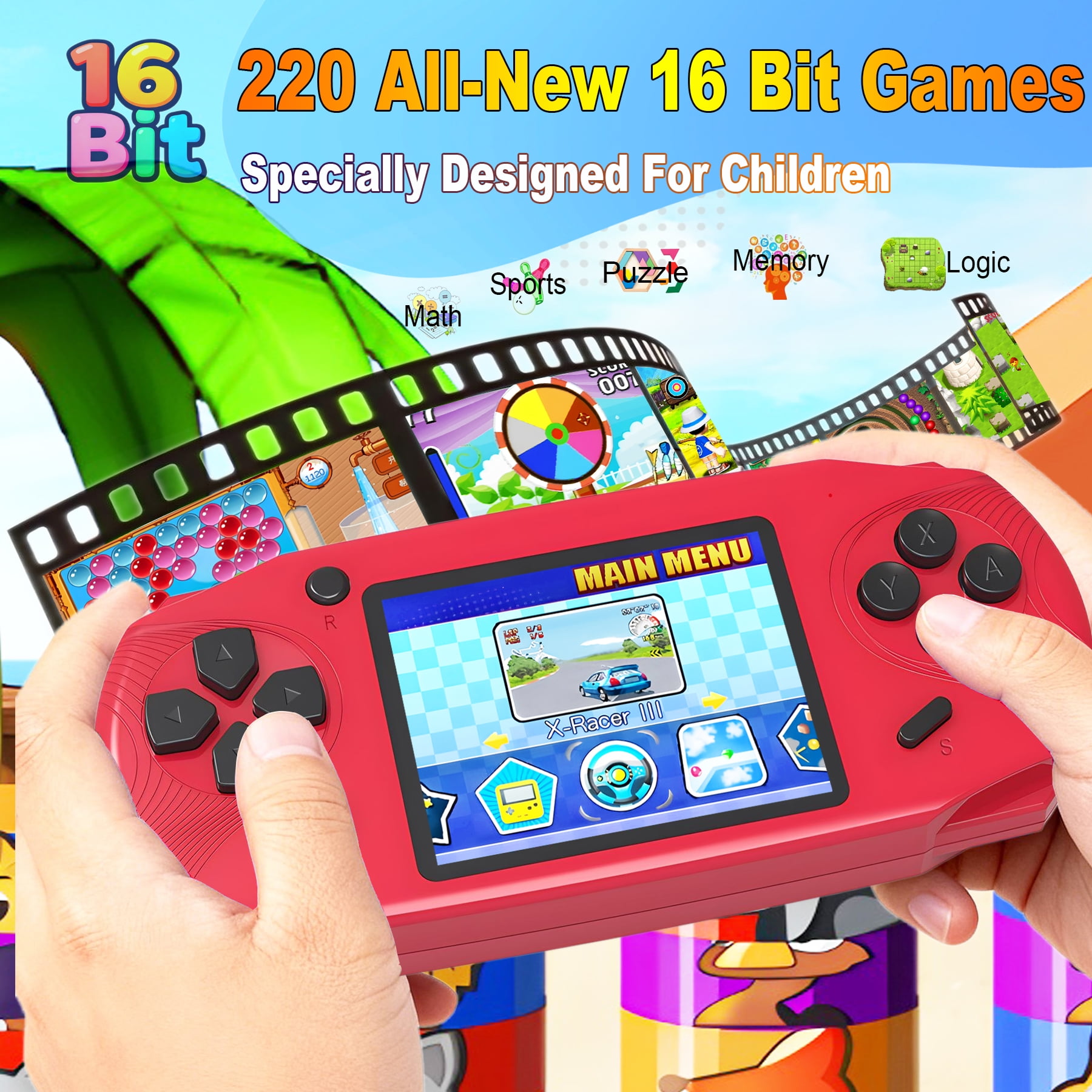Beijue Rechargeable 16 Bit Handheld Game Console Toy for Kids with 3.0'' Color LCD 100 Games (Red)
