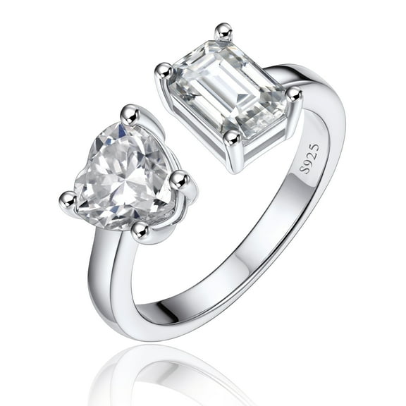 MomentWish Engagement Ring, 2Carat Heart and Emerald Cut Moissanite Promise Ring for Women, Adjustable 925 Sterling Silver Wedding Band