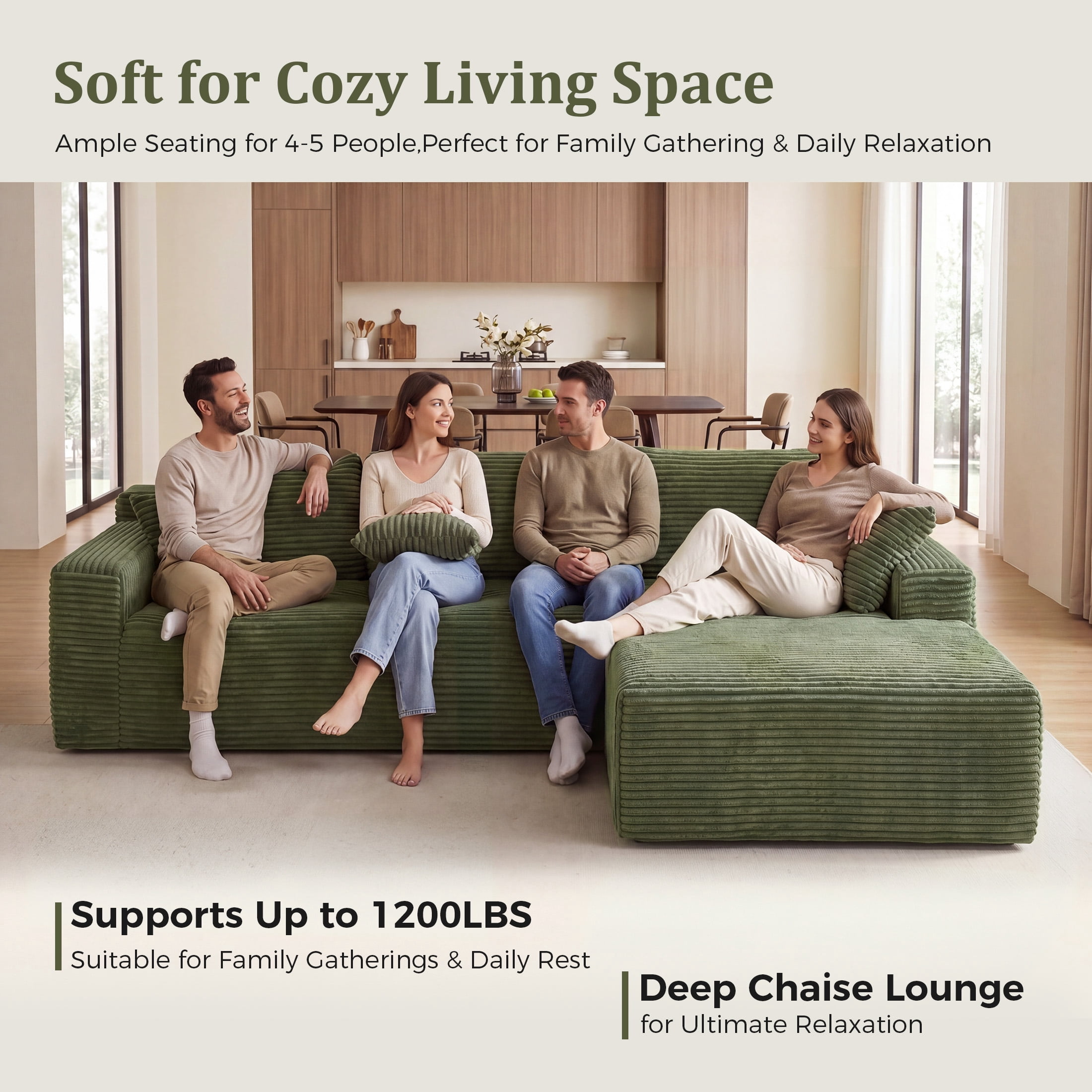 Aenkyo 95 Inch Corduroy L-Shaped Modular Sectional Sofa, Right Chaise, Green