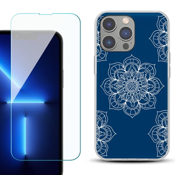 Slim-Fit Gel TPU Phone Case for iPhone 14 Pro Max, with Tempered Glass Screen Protector, by OneToughShield ® - Mandala / Blue