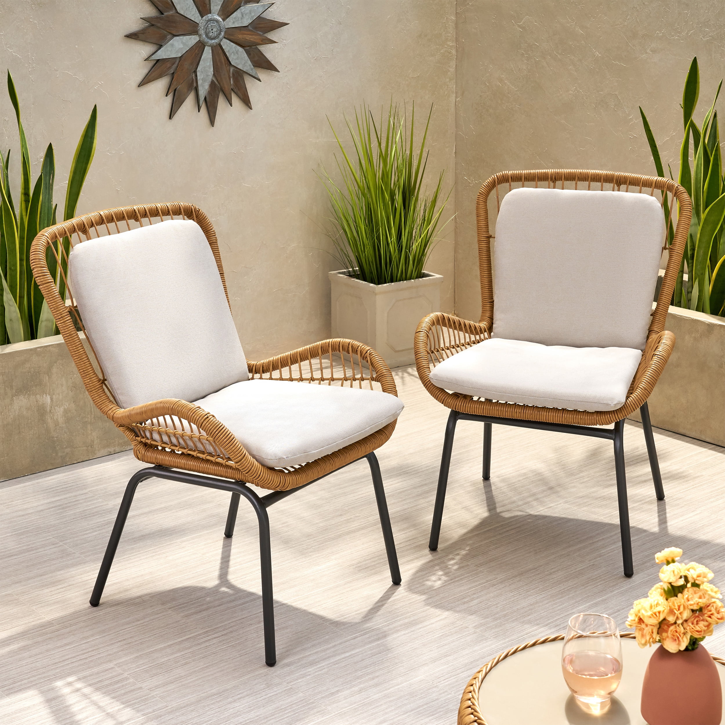 Outdoor Open Weave Wicker Club Chair Set of 2, Cushioned Leisure Seats for Patio Garden, Light Brown