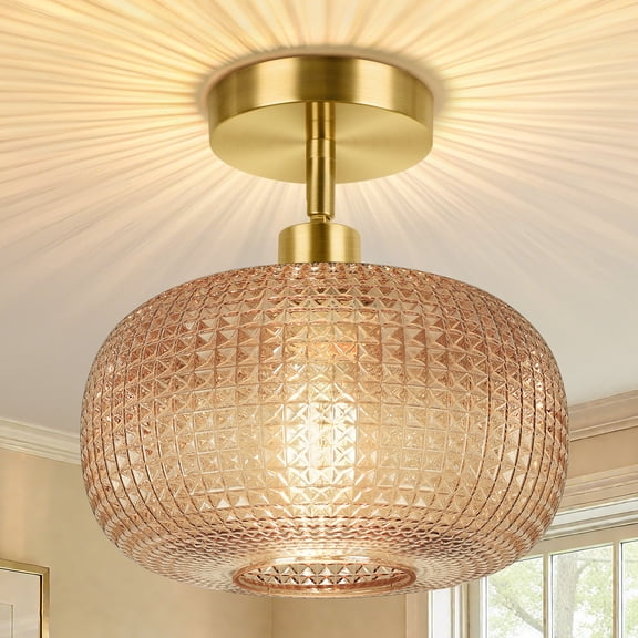Semi Flush Mount Ceiling Light, Adjustable Hanging Gold Sloped Ceiling Lights With Brown Glass Shade