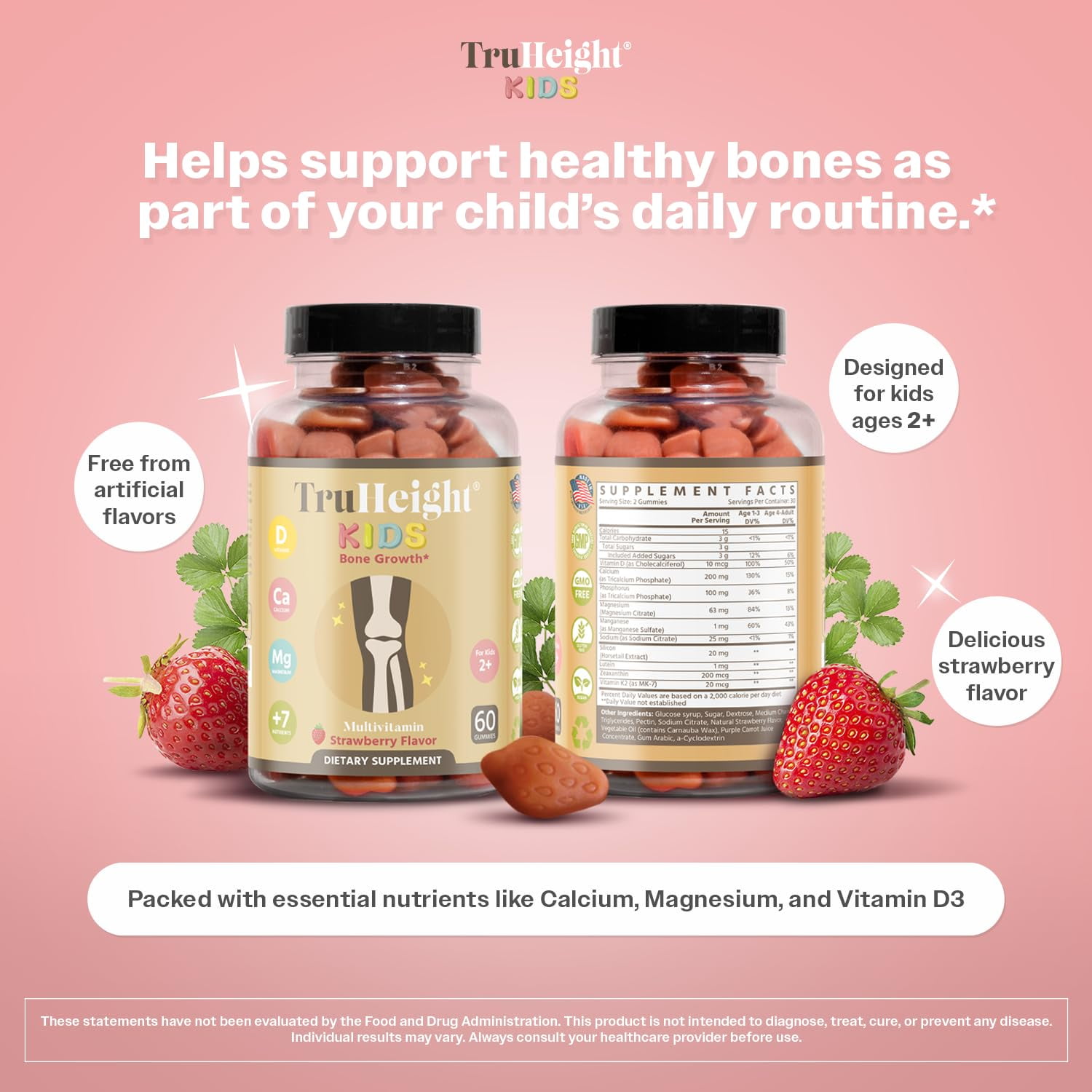TruHeight Kids Bone Growth Gummies (Strawberry, Ages 2+) All Natural Kids & Toddler Vitamins - Vitamin D, Calcium, K2, Magnesium Multivitamin, Natural Growth & Development, Builds Strong Bones, Vegan
