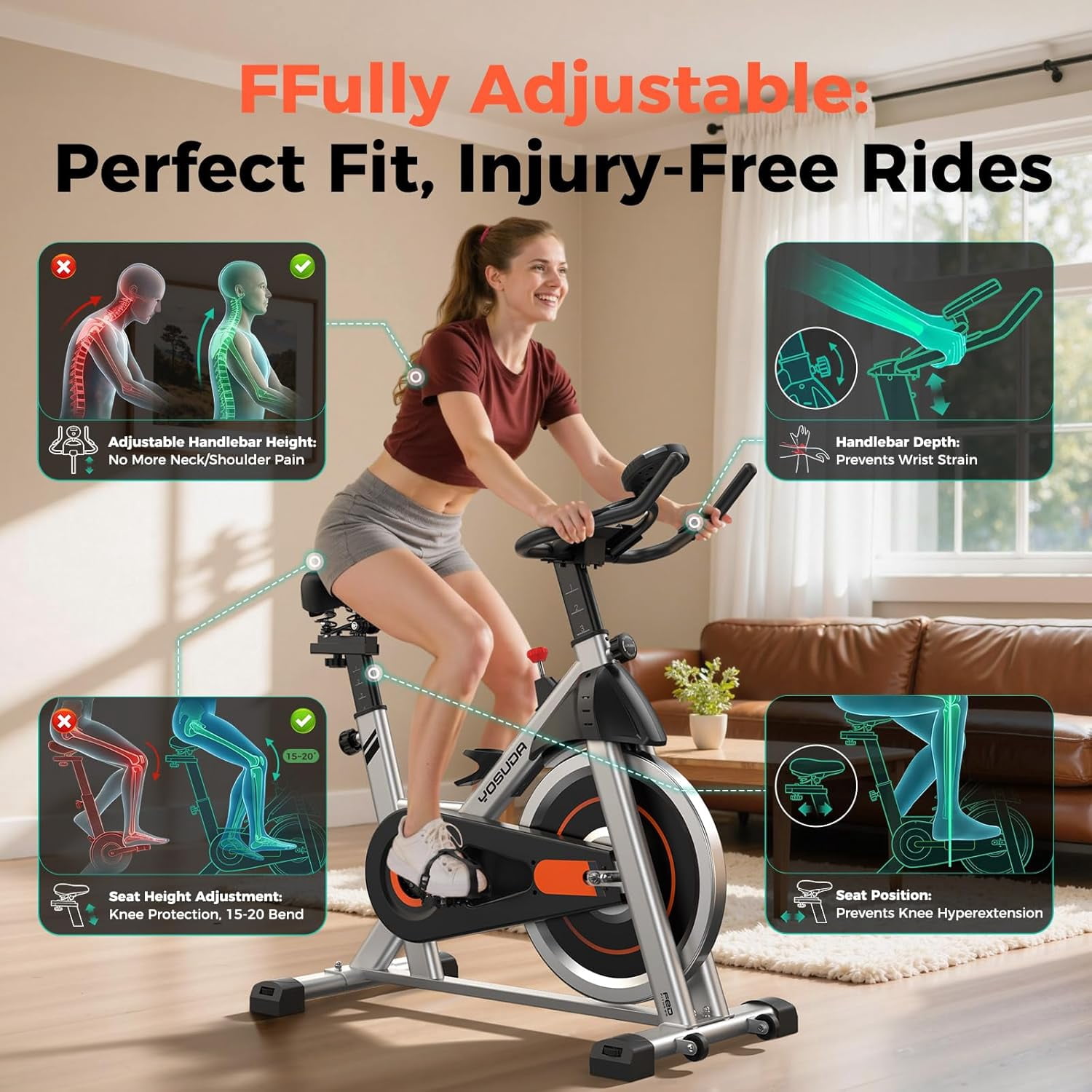 FED Fitness Yosuda Magnetic Exercise Bike, Adjustable Stationary Bike for Home, Silent Belt Drive, Exclusive App, Indoor Cycling Bike with Big IPad Holder & Comfortable Seat for Home/Gym Use