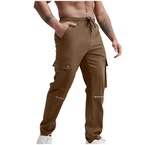 WREESH Men's Cargo Pants Casual Multiple Pockets Outdoor Straight Type Fitness Pants Trousers Coffee