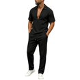 thumbnail image 2 of 2 Piece Waffle Textured Matching Suit for Men Deep V Lapel Polo Shirt Drawstring Waist Straight Leg Pants Wrinkle Resistant Casual Outfit for Weekend Resort Travel Black XXXL, 2 of 6