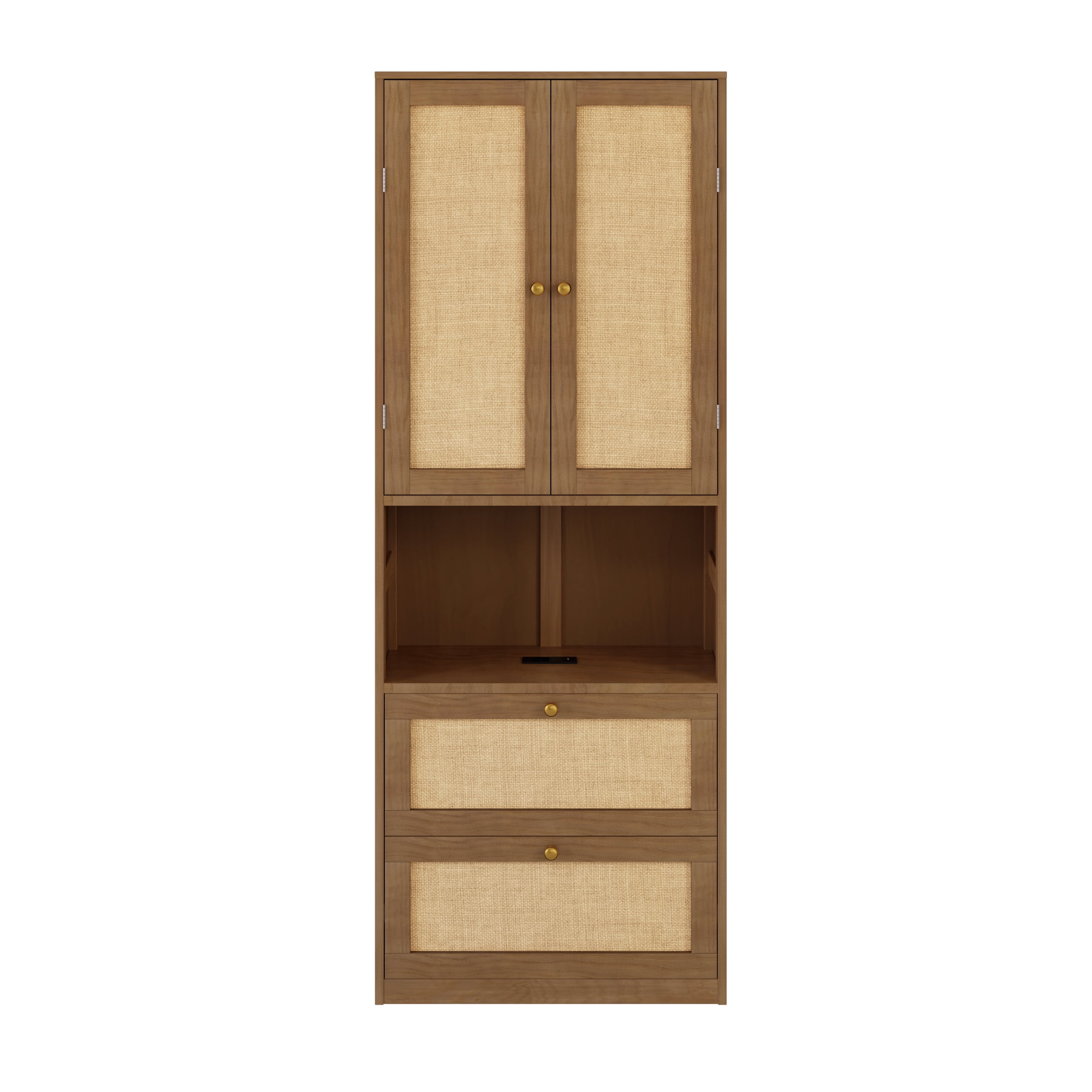 Euroco 2 Doors Bookshelf with USB Port and 3 Drawers Side Cabinet Storage Shelves, Walnut