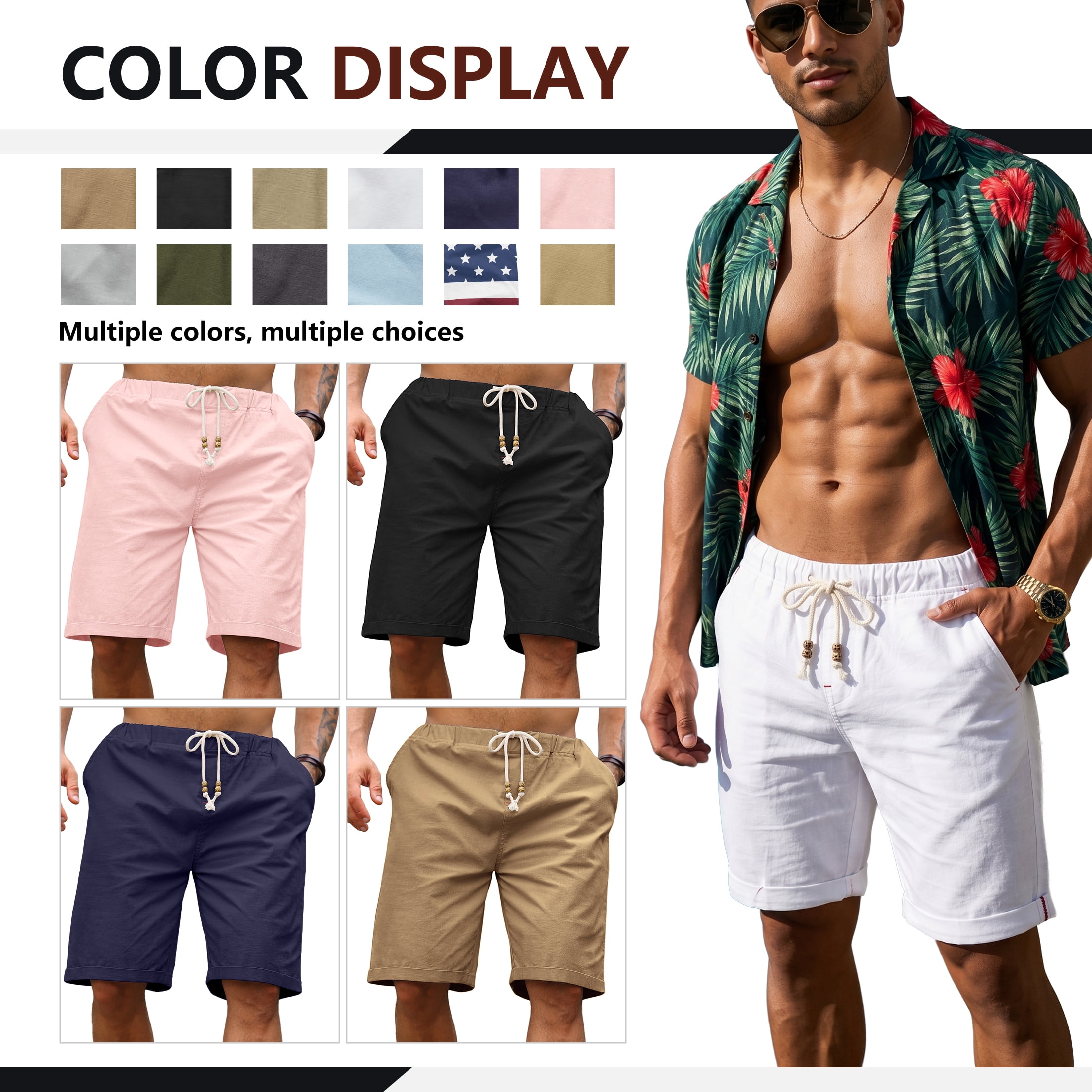 Iceglad Men's Linen Casual Classic Fit Short Drawstring Summer Beach Shorts