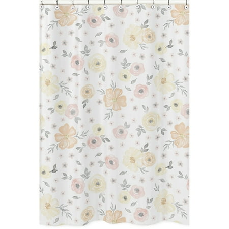 Sweet Jojo Designs Yellow and Pink Watercolor Floral Bathroom Fabric Bath Shower Curtain - Blush Peach Orange Cream Grey and White Shabby Chic Rose Flower Farmhouse