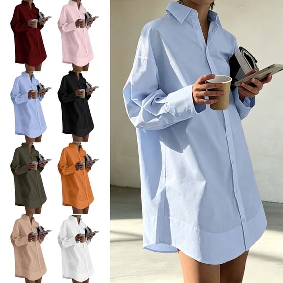Zivyakyron Cotton Womans Shirts Fall Long Sleeve Tunic Casual Dress Women Solid Loose Collared Breathable Tops Black S