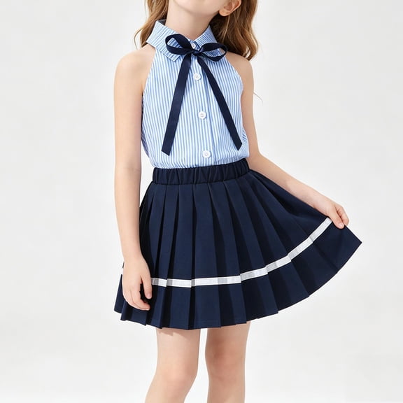 Amidoa Girls 2 Piece Outfits Summer Clothes Cute T-Shirts Sleeveless and Skirt Kids Clothing Sets Blue Size 4T
