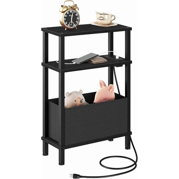 End Tables with Charging Station, Narrow Side Table for Small Spaces, Slim Nightstand with Basket, Skinny Bedside Table, for Living Room, Bedroom,