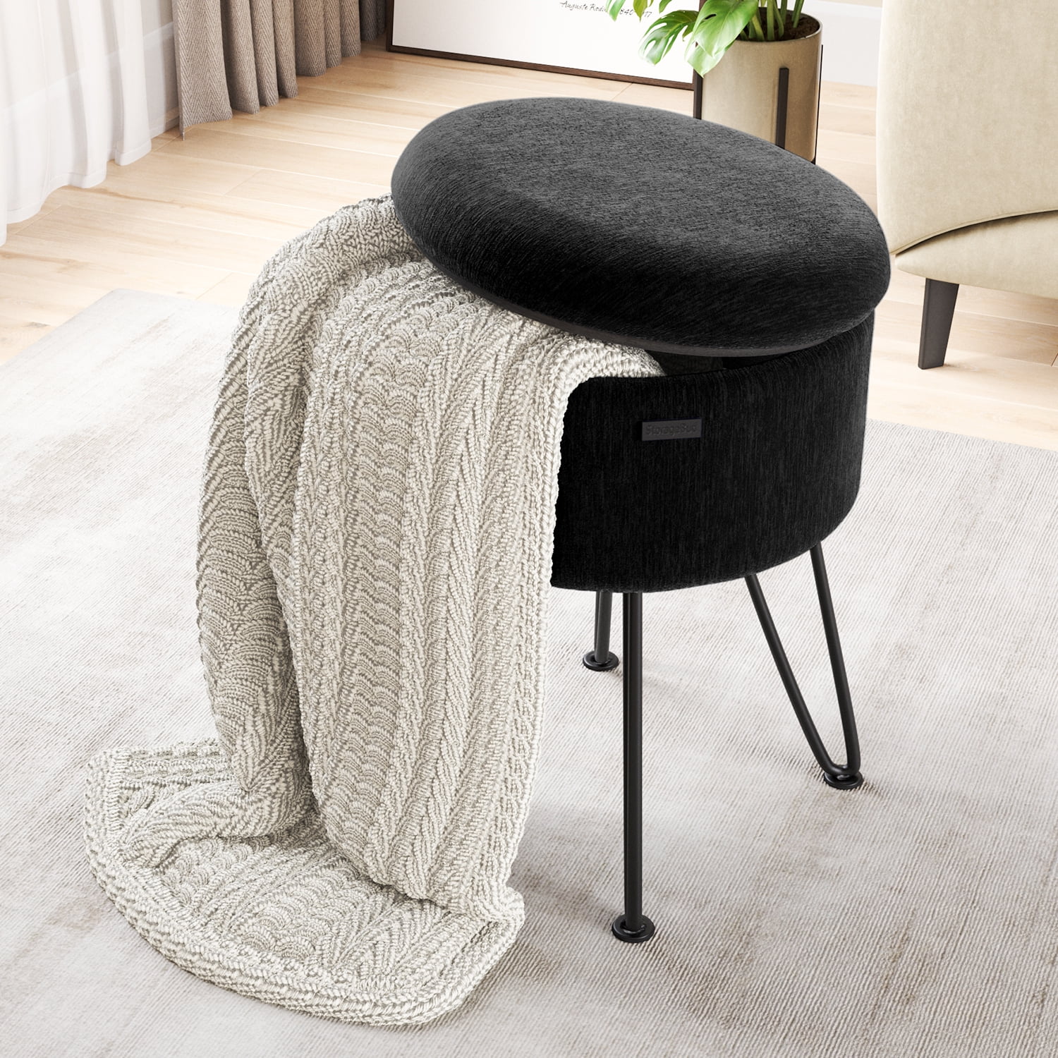 LammaLoe Small Round Ottoman with Storage, Textured Velvet Ottoman Foot Stool with Lid, Upholstered Vanity Stool for Living Room & Bedroom, Black