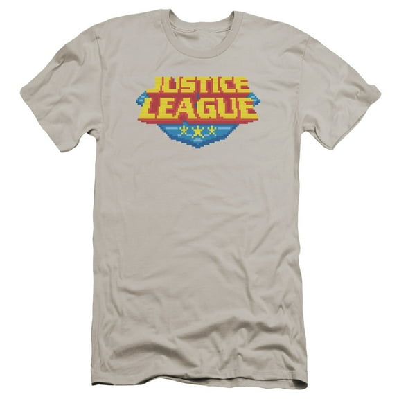 JLA Justice League 8 Bit Logo Premium Canvas Adult Slim Fit 30/1 T-Shirt Silver